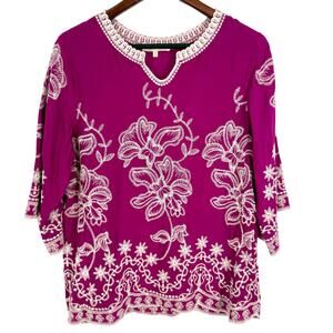 Anthropologie Solitaire Sz Small Magenta Embroidered Artsy Blouse Shirt Top Boho